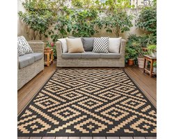 Buiten Vloerkleed 240 x 300 cm – Waterdicht Omkeerbaar Tapijt – Zwart/Bruin Ruitpatroon – Voor Camper en Balkon