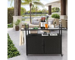Buitenbartafel, rieten barwagen met kast, serveerwagen voor op het terras met stalen blad, met één ijsemmer, afsluitbare wielen, zijmand voor tuin, zwembad en achtertuin, zwart