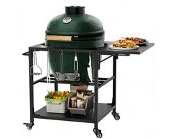 Buitengrilltafel, compatibel met Big Green Egg grills. Stevige metalen wagen met wielen, plank, haken en afneembare hoes. Compatibel met de grote Big Green Egg grill