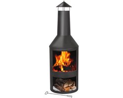 Buitenhaard met Schoorsteen - Stevige Tuinhaard voor Terras - Inclusief Asopvangbak en Houtopslag - Carbon Staal - 134 x 44,5 x 44,5 cm