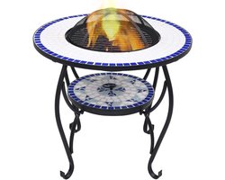 Buitenhaard Tafel - Terrashaard Mozaïek - Buiten Verwarmen - Inclusief BBQ Functie - 68 cm Diameter - Blauw Wit