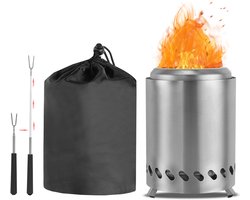 Buitenhoutkachel – Rookvrije vuurkorf – Terras – Roestvrijstalen haard – Tuinhaard – Tafelhaard – Draagbare haard – Geschikt voor pellets of hout – Inclusief uitschuifbare heteluchtvork + opbergtas – Zilver
