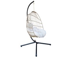 Buitenkado Hangstoel Egg Chair – Zwart – Beige Kussens – Opvouwbaar