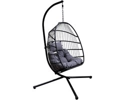 Buitenkado Hangstoel Egg Chair – Zwart – Grijze Kussens – Opvouwbaar