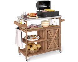 Buitenkeuken op Wielen – BBQ Trolley – Met Opbergkast & Planken – Werktafel voor Buiten – Hout & Metaal – Multifunctioneel – Koffie + Zilver