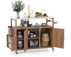 Buitenkeuken op Wielen – BBQ Trolley – Met Opbergkast & Planken – Werktafel voor Buiten – Hout & Metaal – Multifunctioneel – Naturel