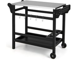 Buitenkeuken op Wielen – BBQ Trolley – Met Opbergkast & Planken – Werktafel voor Buiten – Hout & Metaal – Multifunctioneel – Zwart