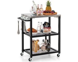 Buitenkeuken op Wielen – BBQ Trolley – Met Opbergkast & Planken – Werktafel voor Buiten – Hout & Metaal – Multifunctioneel – Zwart + Zilver