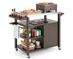Buitenkeuken op Wielen – BBQ Trolley – Met Opbergkast & Planken – Werktafel voor Buiten – Metaal, RVS – Multifunctioneel – Bruin + Zilver