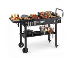 Buitenkeuken op Wielen – BBQ Trolley – Met Opbergkast & Planken – Werktafel voor Buiten – Multifunctioneel –Zwart
