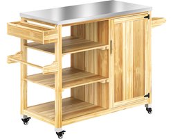 Buitenkeuken op Wielen – BBQ Trolley – Met Opbergkast & Planken – Werktafel voor Buiten – Staal & Metaal – Multifunctioneel – Natuurlijk hout