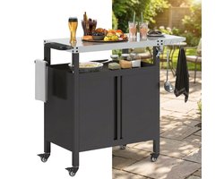 Buitenkeuken op Wielen – BBQ Trolley – Met Opbergkast & Planken – Werktafel voor Buiten – Staal & Metaal – Multifunctioneel – Zwart