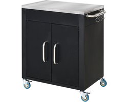 Buitenkeuken op Wielen – BBQ Trolley – Met Opbergkast & Planken – Werktafel voor Buiten – Staal & Metaal – Multifunctioneel – Zwart