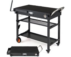 Buitenkeuken op Wielen – BBQ Trolley – Met Opbergkast & Planken – Werktafel voor Buiten – Staal & Metaal – Multifunctioneel – Zwart