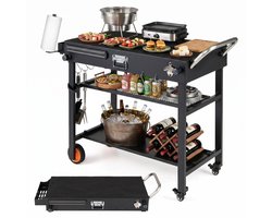 Buitenkeuken op Wielen – BBQ Trolley – Met Opbergkast & Planken – Werktafel voor Buiten – Staal– Multifunctioneel – Zwart