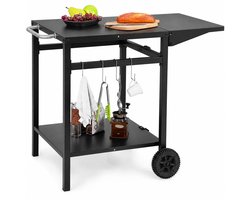 Buitenkeuken op Wielen – BBQ Trolley – Met Opbergkast & Planken – Werktafel voor Buiten – Staal, roestvrij staal, kunststof – Multifunctioneel – Zwart