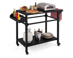 Buitenkeuken op Wielen – BBQ Trolley – Met Planken – Werktafel voor Buiten – RVS & Metaal – Multifunctioneel – Zwart