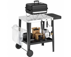 Buitenkeuken op Wielen – BBQ Trolley – Planken – Werktafel voor Buiten – Staal & Metaal – Multifunctioneel – Zwart