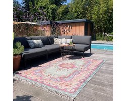 Buitenkleed / Binnenkleed 180x120 cm – Vintage Patroon – Roze Groen Blauw – Laagpolig – Tuinkleed - UV & Weerbestendig – Wasbaar (wolprogramma)