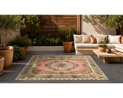 Buitenkleed / Binnenkleed 180x120 cm – Vintage Patroon – Roze Groen – Laagpolig – Tuinkleed - UV & Weerbestendig – Wasbaar (wolprogramma)