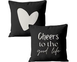 Buitenkussen - Cheers to the good life (Binnen & buiten) - zwart - 40x40cm - sierkussen - tuinkussen - met tekst