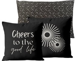Buitenkussen Set van 3 voor Binnen en Buiten - tuinkussen - tuin - tuinaccessoires - sierkussen - Cheers / Goede Dag / Zwart Hart - 40x40 cm - Dubbelzijdig Ontwerp