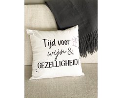 Buitenkussen - tijd voor wijn en gezelligheid (binnen & buiten) - tuinkussen - tuin - tuinaccessoires - sierkussen - wit - 40x40 cm - tuinkussen - sierkussen