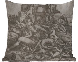 Buitenkussens - Tuin - Leda en de zwaan met haar vier kinderen - Schilderij van Meester IB met de vogel - 40x40 cm