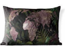Buitenkussens - Tuin - Paarse wereldkaart met marmerpatroon in ovalen 3D vorm met tropische bladeren - 60x40 cm
