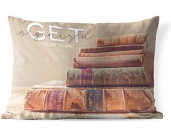 Buitenkussens - Tuin - Quote voor thuis 'Get your home organized' met een achtergrond met een stapel boeken - 50x30 cm