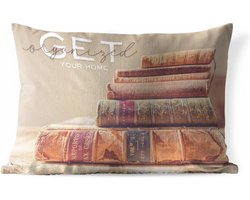 Buitenkussens - Tuin - Quote voor thuis 'Get your home organized' met een achtergrond met een stapel boeken - 60x40 cm