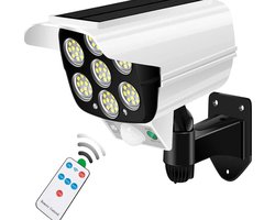 Buitenlamp op zonne-energie met bewegingssensor, 2000 lumen, 77 LED-spot met afstandsbediening, IP66 waterdicht, draadloze nep-beveiligingscamera (geen camerafunctie), geschikt voor veranda, tuin, terras en oprit.