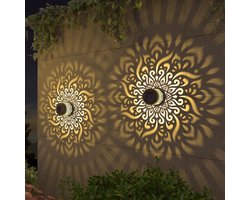 buitenlamp - Set van 2 - solar wandlamp buiten - wandlamp - buitenlamp zonne energie - schutting verlichting - met kleurwisseling - Zonne-Mandala Verlichting - Beige Licht - Waterdicht - RGB Gekleurde Tuinverlichting - 8.4 x 8.1cm - Zwart