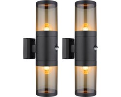 Buitenlamp wandlamp met bewegingsmelder tuinlamp gevelverlichting, op en neer schijnwerper, roestvrij staal, zwarte rook, 2x E27, DxH 10,2x42 cm, set van 2