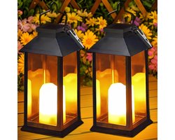 Buitenlantaarns op zonne-energie, set van 2 hangende lampen op zonne-energie met knipperende LED-kaarsen, IP44 waterdicht, geschikt voor tuindecoratie, te gebruiken voor tafels, terrassen, rouwcentra en balkons - Zwart