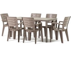 Buitenmeubelset – Tuinset – Tafelset – Terrasmeubilair – Tuinmeubel – Tafel 156x78 cm – Weerbestendig Polyethyleenblad met IJzeren Frame – Stapelbare Synthetische Resin Stoelen met Houtlook Taupe