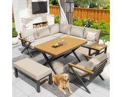 Buitenmeubelset - X-vormig ontwerp - met kussens en houten tafel - verstelbare poten - voor terras - balkon - tuin - beige