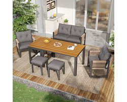 Buitensofaset met multifunctionele tafel en zitkussens - voor ontspanning - voor overleg - voor meerdere personen - ijzeren frame - gevlochten armleuningen