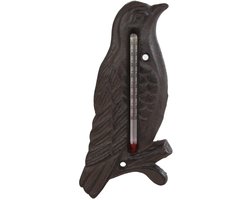 Buitenthermometer vogel metaal oud bruin 17x8x1cm tuin decoratie.