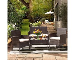 Buitentuinset met Tuintafel, 2 Stoelen en Bank met Kussens - Weerbestendig Rotan Design