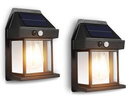 Buitenwandlamp op zonne-energie, set van 2, IP65 waterdicht, met bewegingssensor en 3 standen, 1200mAh batterij - geschikt voor tuin, terras en veranda als beveiligingsverlichting op zonne-energie (warm wit licht).