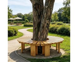 Buitenwikkel rond boombank | Witte ronde boombank | Binnenplaats Stoel Backless Patio Eetkamerstoel | Houten waaiervormige bank | 4 kleuren(Wood Color,Half Round)