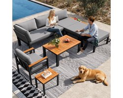 Buitenzitgroep - vrij te combineren - metalen frame - met kussens en houten tafel - geschikt voor terras - balkon - zwembadgebied - grijs