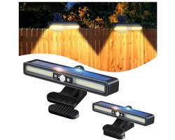 Buitenzonnelampen, set van 2, klembare zonnelampen met bewegingsmelder, 3 standen, LED-zonnelampen voor buiten, IP65 waterdicht, geschikt voor tuinen, schuttingen en afvoeren, warme lichtverlichting.