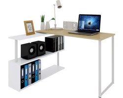 BukkitBow - Hoekbureau - Houten Bureau met Dubbele Planken voor Opbergruimte - Opbergruimte 180 Graden Draaibaar - Perfect voor Thuistudie - Licht Eikenhout