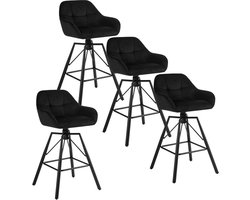 BukkitBow - Hoge Luxe Barkrukken Velvet / Vluweel - Met rugleuning en Armleuning met Strepen Patroon en Voetensteun - 360 Graden Draaibaar - Set van 4 Stuks - Zwart