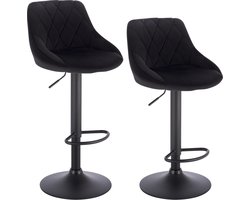 BukkitBow - Industriële Velvet Barkruk met Rugleuning en Verstelbare Zithoogte - Set van 2 Stuks (60-82CM) - Zwart