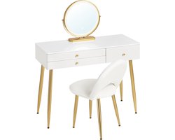 BukkitBow - Kaptafel / Make-up Tafel met LED Verlichting – Tafel met 3 Grote laden - Cosmetische Tafel voor Slaapkamer - Met Ronde LED Spiegel – Inclusief Stoel / Kruk - 100X80X40CM - Wit