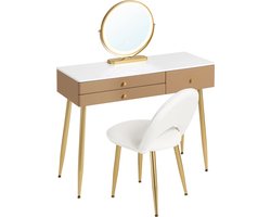 BukkitBow - Kaptafel / Make-up Tafel met LED Verlichting – Tafel met 3 Grote laden - Cosmetische Tafel voor Slaapkamer - Met Ronde LED Spiegel – Inclusief Stoel / Kruk - 100X80X40CM - Khaki/Brons Bruin