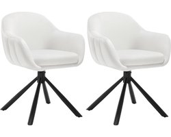 BukkitBow - Luxe Set Eetkamerstoelen Velvet/Fluweel - Kuipstoel met Rug en Armleuning en Metalen Poten - 365 Graden Draaibaar Onderstel - Set van 2 Stuks - Zithoogte 49.5CM - Cremé/Wit